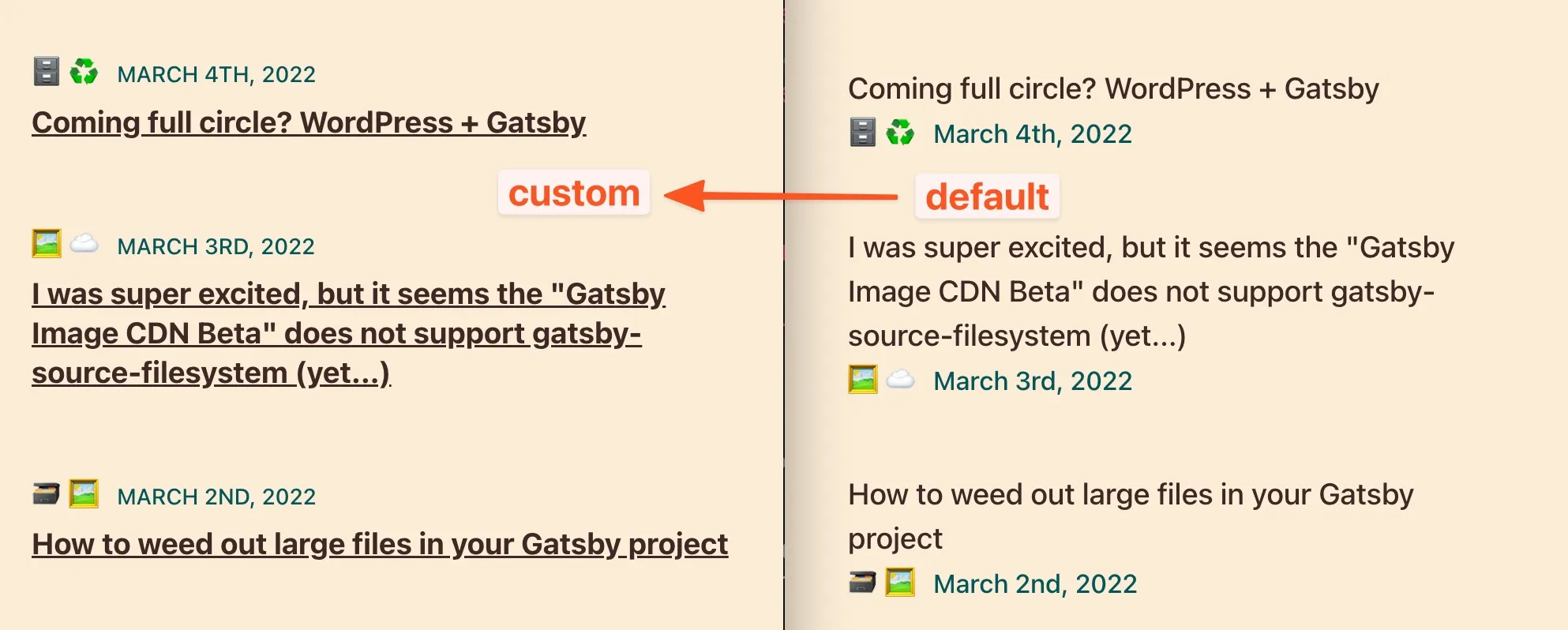 Before and after screenshot of the list component