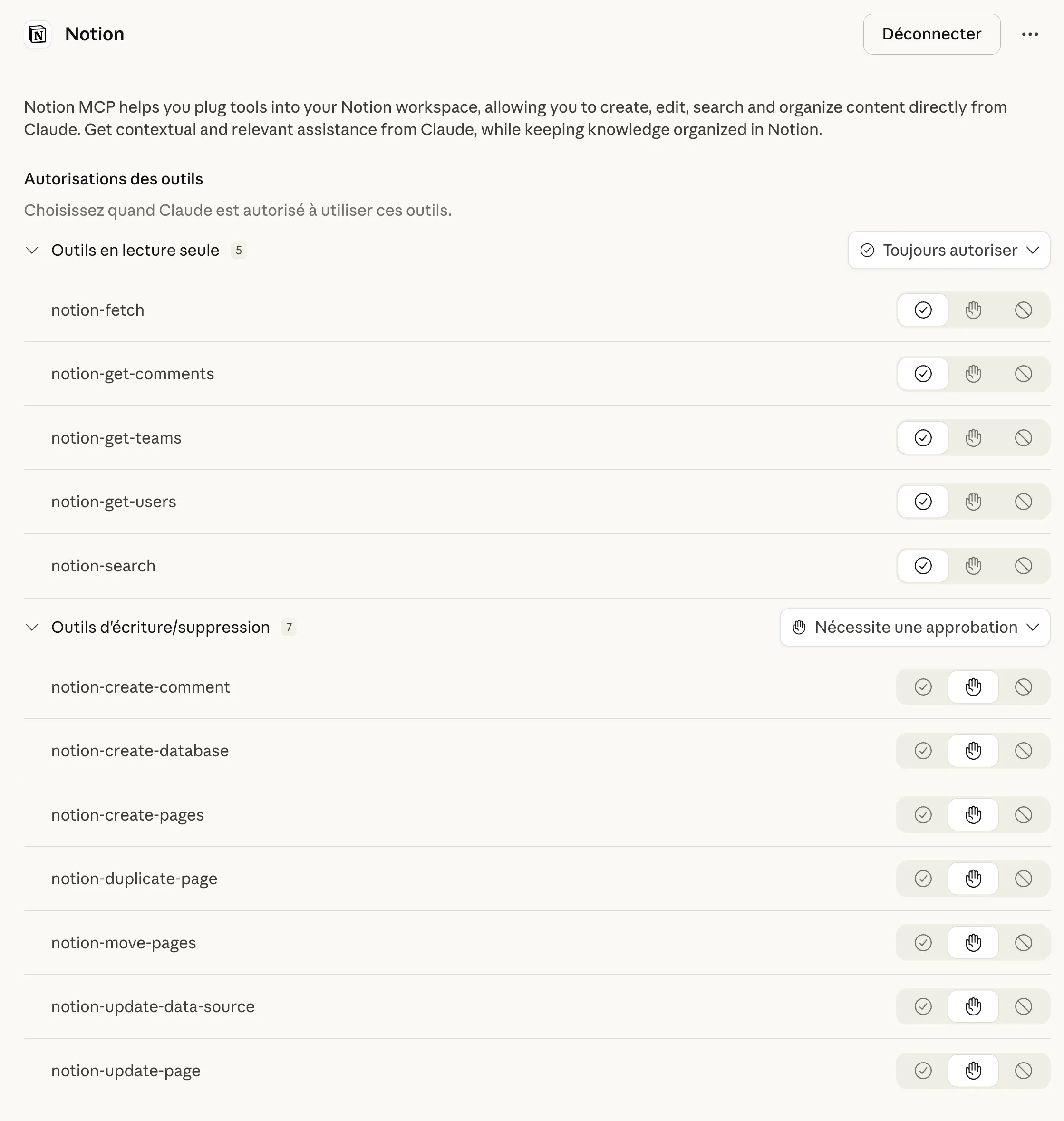 Notion MCP server with tools grouped by read and write