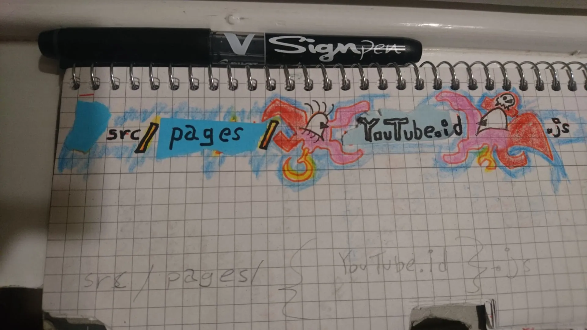 Drawing of `src/pages/{YouTube.id}.js` with {} as parrots {} = parrots