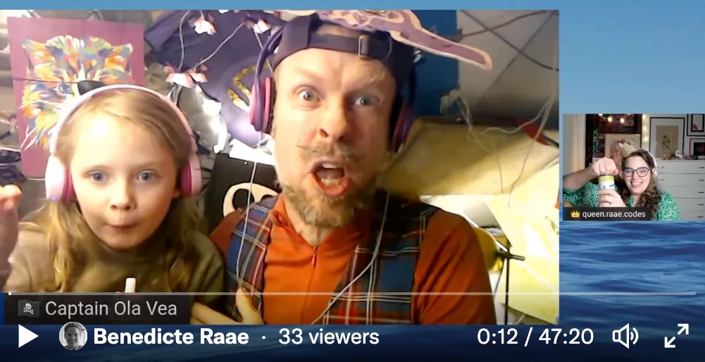 Screengrab of stream with crazy looking Captain Ola and funny looking Pirate Princess