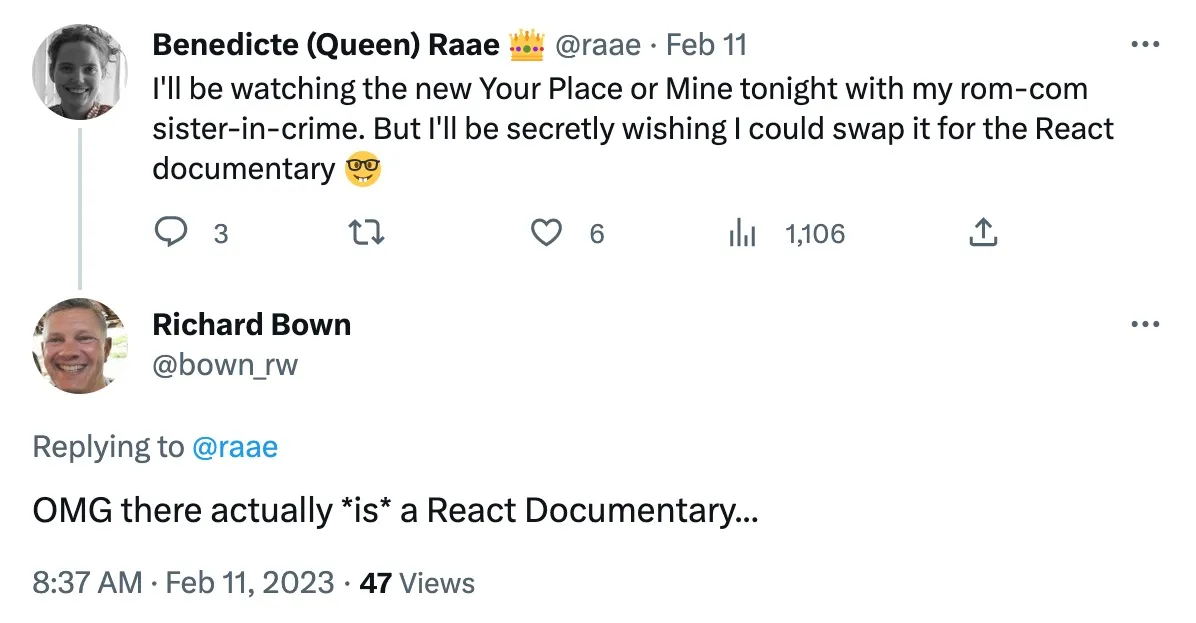 I'll be watching the new Your Place or Mine tonight with my rom-com sister-in-crime. But I'll be secretly wishing I could swap it for the React documentary 🤓
