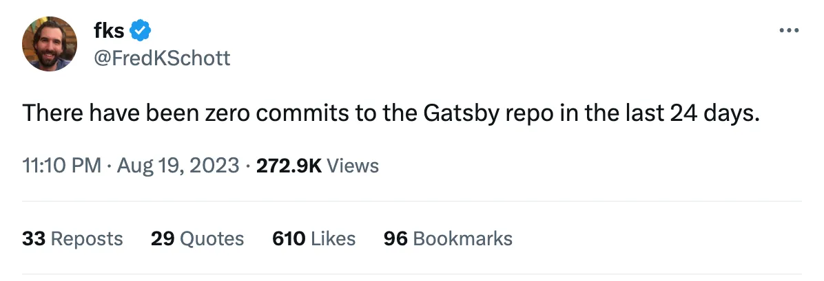 There have been zero commits to the Gatsby repo in the last 24 days.
