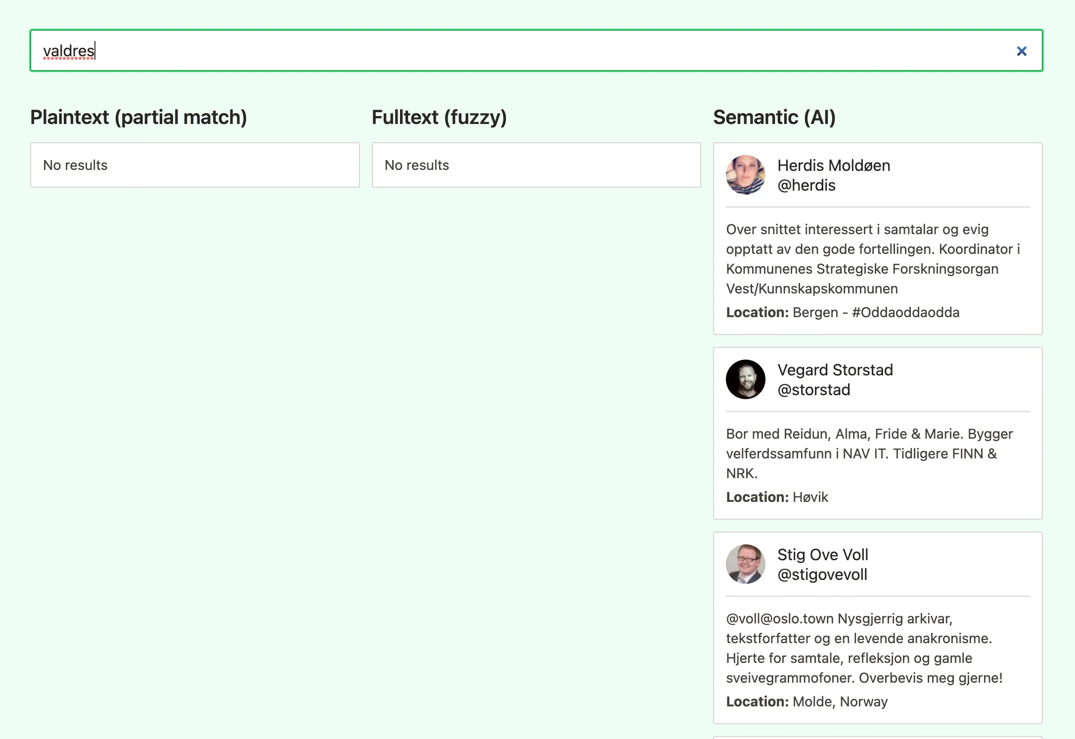 A search for "valdres" gives results only for semantic stype of search