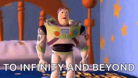 Buzz Lightyear spreading his wings and saying "to infinity and beyond"