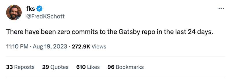 There have been zero commits to the Gatsby repo in the last 24 days.