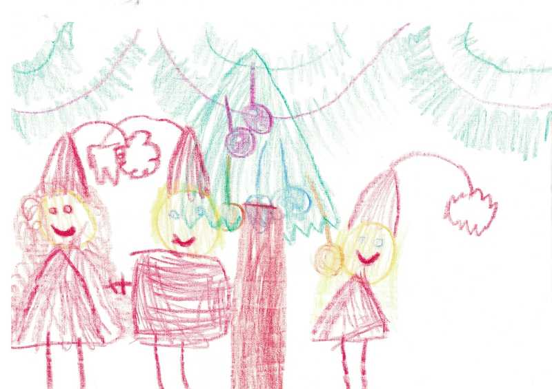 Drawing of Ola, Raae, and Lillian as nisser in front of a christmas tree