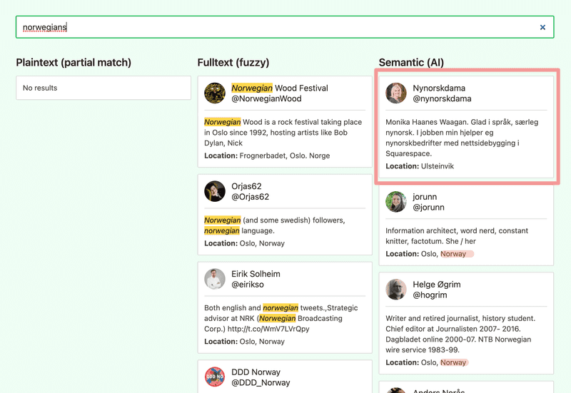 A search for "norwegians" gives results for all but plaintext type of search