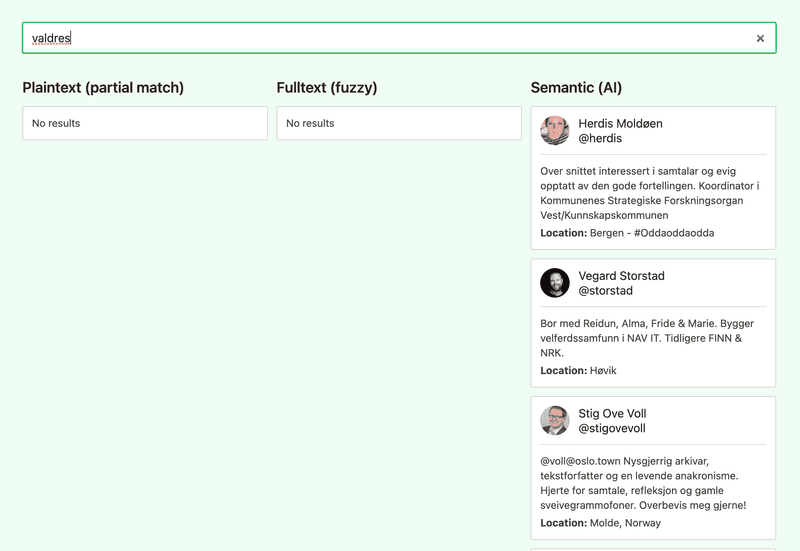 A search for "valdres" gives results only for semantic stype of search