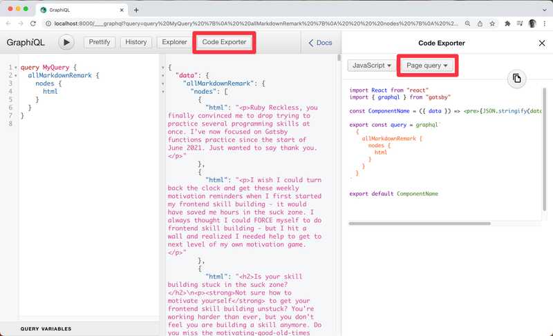 Screengrab showing off the Page Query export