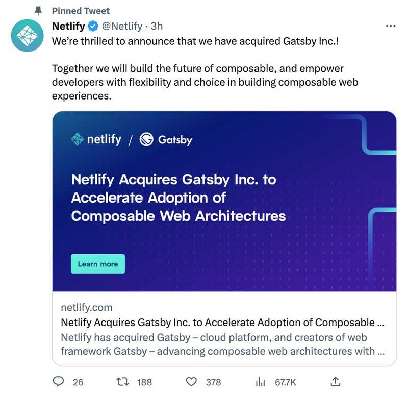 We're thrilled to announce that we have acquired Gatsby Inc.! Together we will build the future of composable, and empower developers with flexibility and choice in building composable web experiences.